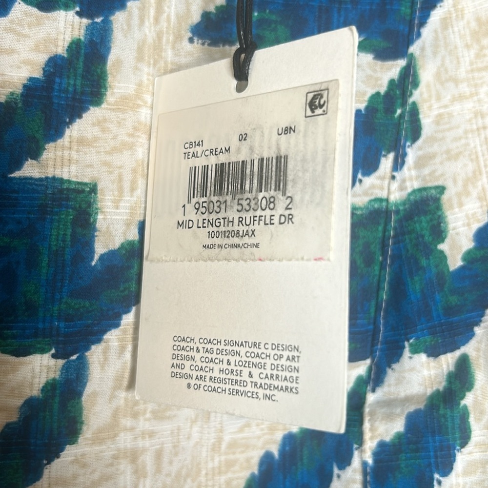 Coach Teal Blue Cream Houndstooth Ruffle Dress Size 2 Brand New W/Tags - Picture 14 of 16